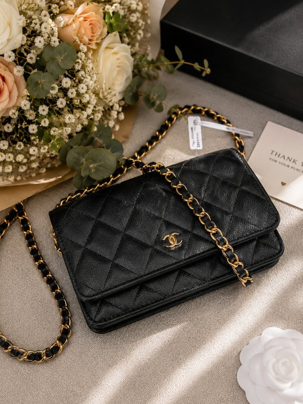 Black Quilted Leather Crossbody Bag Gold Chain Wallet On Chain Evening Purse
